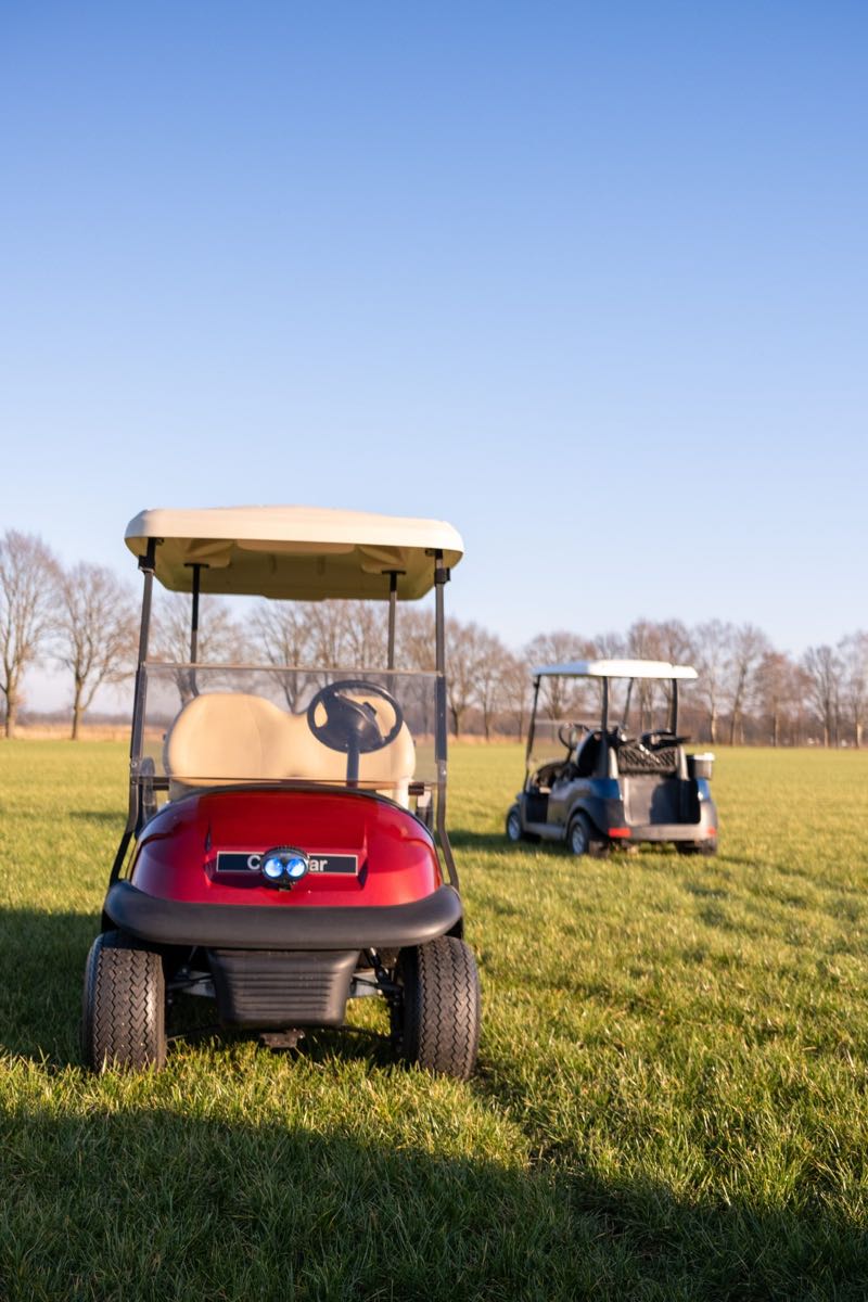 Rode en beige golfkar van Greengolfcarts in het weiland